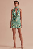 Light Green Halter Neck Floral Bodycon Mini Cocktail Dress