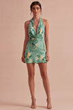 Light Green Halter Neck Floral Bodycon Mini Cocktail Dress