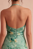 Light Green Halter Neck Floral Bodycon Mini Cocktail Dress