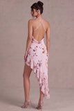 Pink Halter Neck Floral Asymmetrical Cocktail Dress with Ruffles
