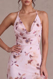 Pink Halter Neck Floral Asymmetrical Cocktail Dress with Ruffles