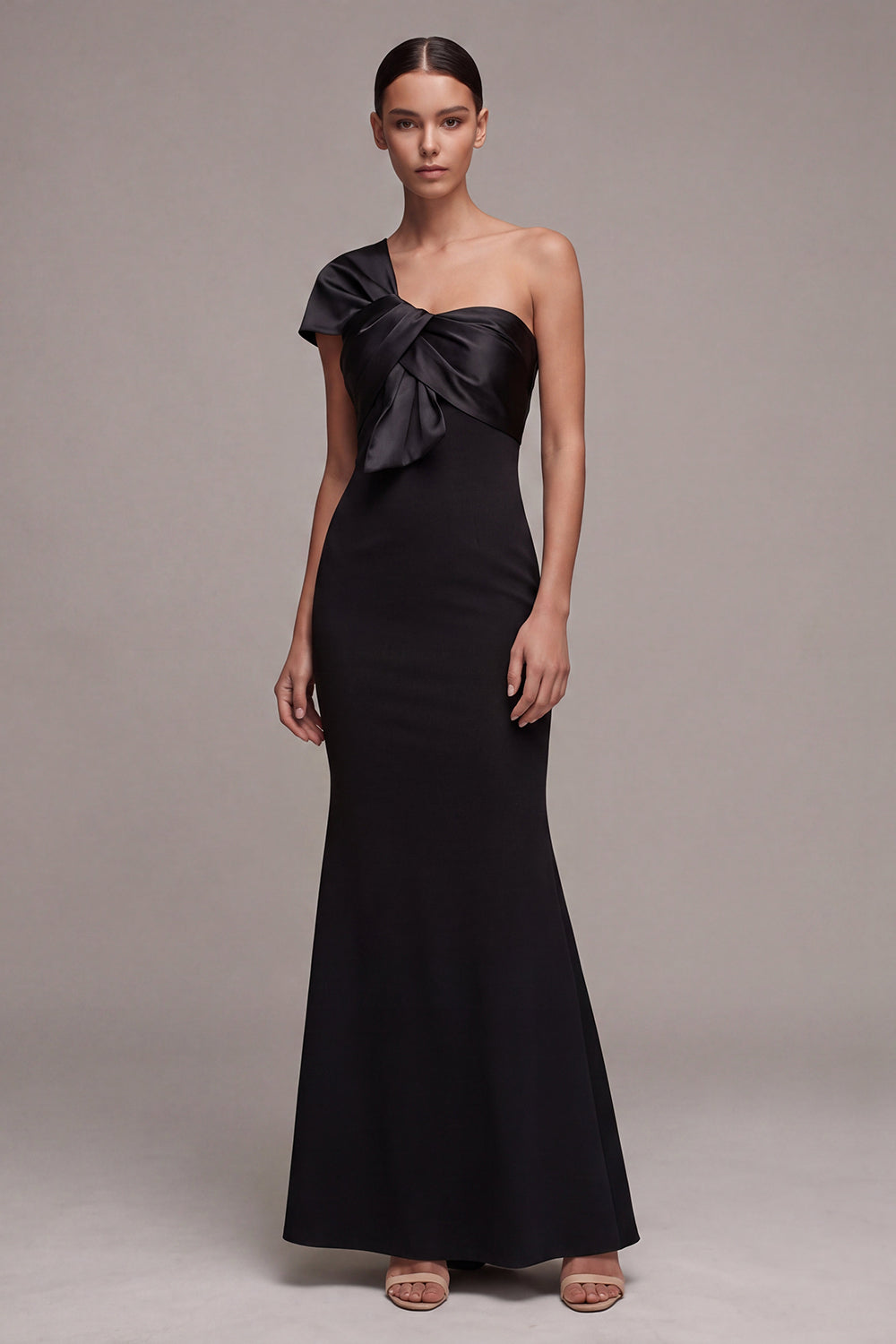 Zapaka Women Long Satin Black Tie Dress with Bow One Shoulder Mermaid ...