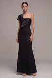 Mermaid One Shoulder Long Black Tie Dress with Bow