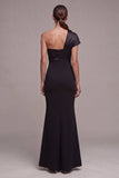 Mermaid One Shoulder Long Black Tie Dress with Bow