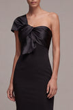 Mermaid One Shoulder Long Black Tie Dress with Bow
