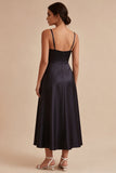 A Line Spaghetti Straps Long Black Tie Dress with Pockets