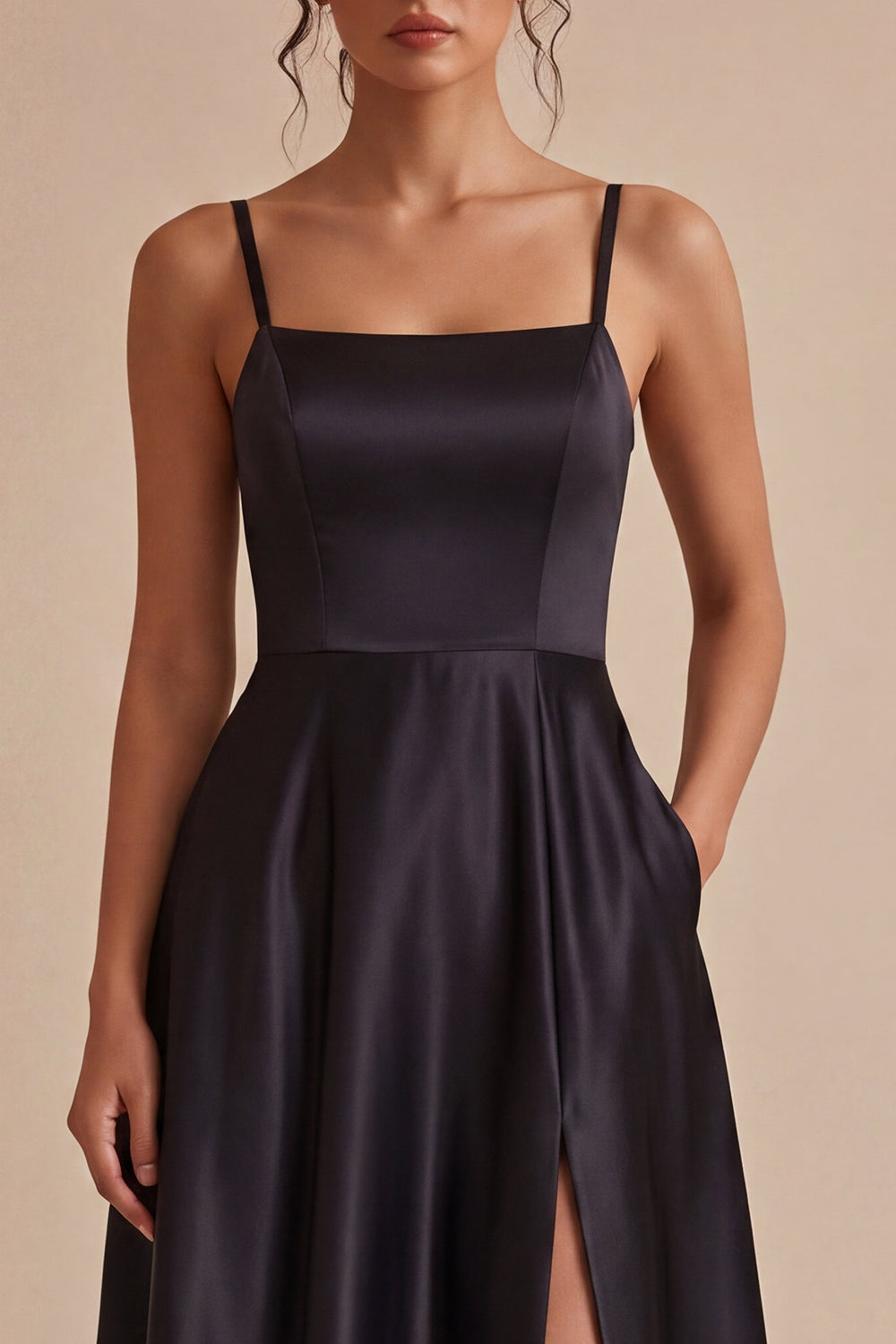 Zapaka Women Long Satin Black Tie Dress with Pockets A Line Spaghetti