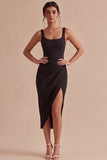 Black Bodycon Midi Ruched Thick Straps Formal Dress with Slit
