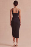 Black Bodycon Midi Ruched Thick Straps Formal Dress with Slit