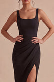 Black Bodycon Midi Ruched Thick Straps Formal Dress with Slit