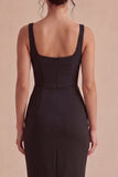 Black Bodycon Midi Ruched Thick Straps Formal Dress with Slit