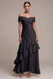 Off the Shoulder A Line Long Black Tie Dress with Ruffles