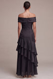 Off the Shoulder A Line Long Black Tie Dress with Ruffles