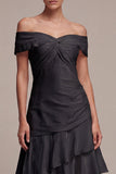 Off the Shoulder A Line Long Black Tie Dress with Ruffles