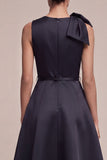 Black Round Neck A Line Midi Formal Dress with Bow