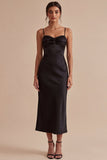 Spaghetti Straps Ruched Mermaid Midi Black Tie Dress