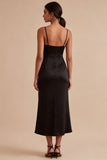 Spaghetti Straps Ruched Mermaid Midi Black Tie Dress