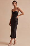 Spaghetti Straps Ruched Mermaid Midi Black Tie Dress
