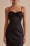 Spaghetti Straps Ruched Mermaid Midi Black Tie Dress