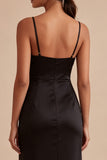 Spaghetti Straps Ruched Mermaid Midi Black Tie Dress