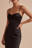 Spaghetti Straps Ruched Mermaid Midi Black Tie Dress