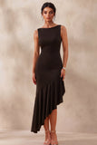 Boat Neck Mermaid Asymmetrical Black Tie Dress with Ruffles