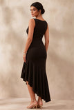 Boat Neck Mermaid Asymmetrical Black Tie Dress with Ruffles