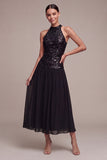 Sparkly High Neck A Line Long Black Tie Dress with Sequins