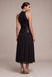 Sparkly High Neck A Line Long Black Tie Dress with Sequins
