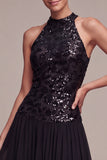 Sparkly High Neck A Line Long Black Tie Dress with Sequins