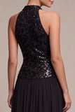 Sparkly High Neck A Line Long Black Tie Dress with Sequins
