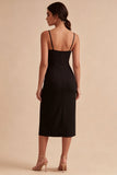 Black Bodycon Midi Spaghetti Straps Formal Dress with Slit