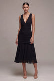 V-Neck Ruched A Line Backless Midi Black Tie Dress
