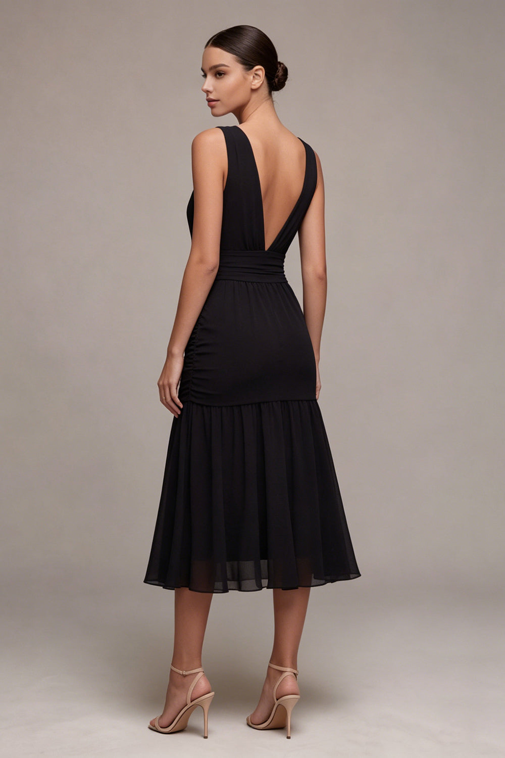 Zapaka Women Midi Chiffon Black Tie Dress V-Neck Backless A Line Formal Dress, Black / US8