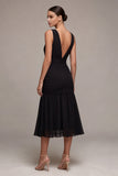 V-Neck Ruched A Line Backless Midi Black Tie Dress