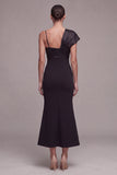 Mermaid Spaghetti Straps Midi Black Tie Dress with Bow