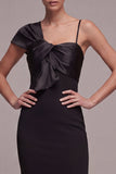 Mermaid Spaghetti Straps Midi Black Tie Dress with Bow