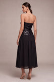 Sparkly Strapless A Line Midi Black Tie Dress with Sequins