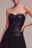 Sparkly Strapless A Line Midi Black Tie Dress with Sequins