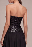 Sparkly Strapless A Line Midi Black Tie Dress with Sequins