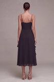 A Line Spaghetti Straps Midi Black Tie Dress with Ruffles