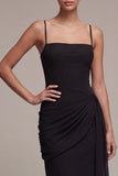 Sheath Ruched Spaghetti Straps Midi Black Tie Dress