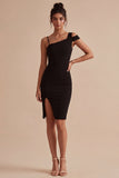 Black One Shoulder Short Bodycon Formal Dress with Slit