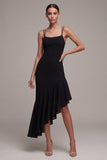 Black Spaghetti Straps Mermaid Asymmetrical Formal Dress with Ruffles