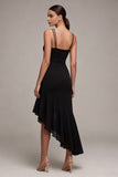 Black Spaghetti Straps Mermaid Asymmetrical Formal Dress with Ruffles