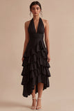 Black A Line Halter Asymmetrical Tiered Backless Formal Dress with Ruffles