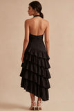 Black A Line Halter Asymmetrical Tiered Backless Formal Dress with Ruffles
