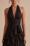 Black A Line Halter Asymmetrical Tiered Backless Formal Dress with Ruffles