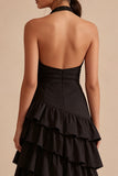 Black A Line Halter Asymmetrical Tiered Backless Formal Dress with Ruffles