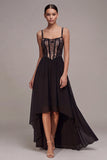 Black A Line Spaghetti Straps Corset High Low Formal Dress